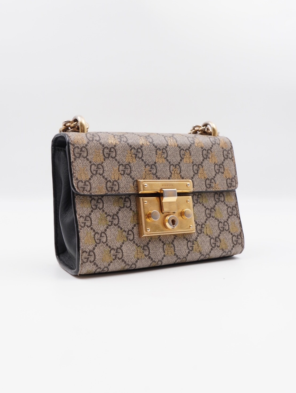 CG70 💗 GUCCI Bee Padlock Shoulder Bag GG Coated Canvas and Leather - Picture 5 of 12